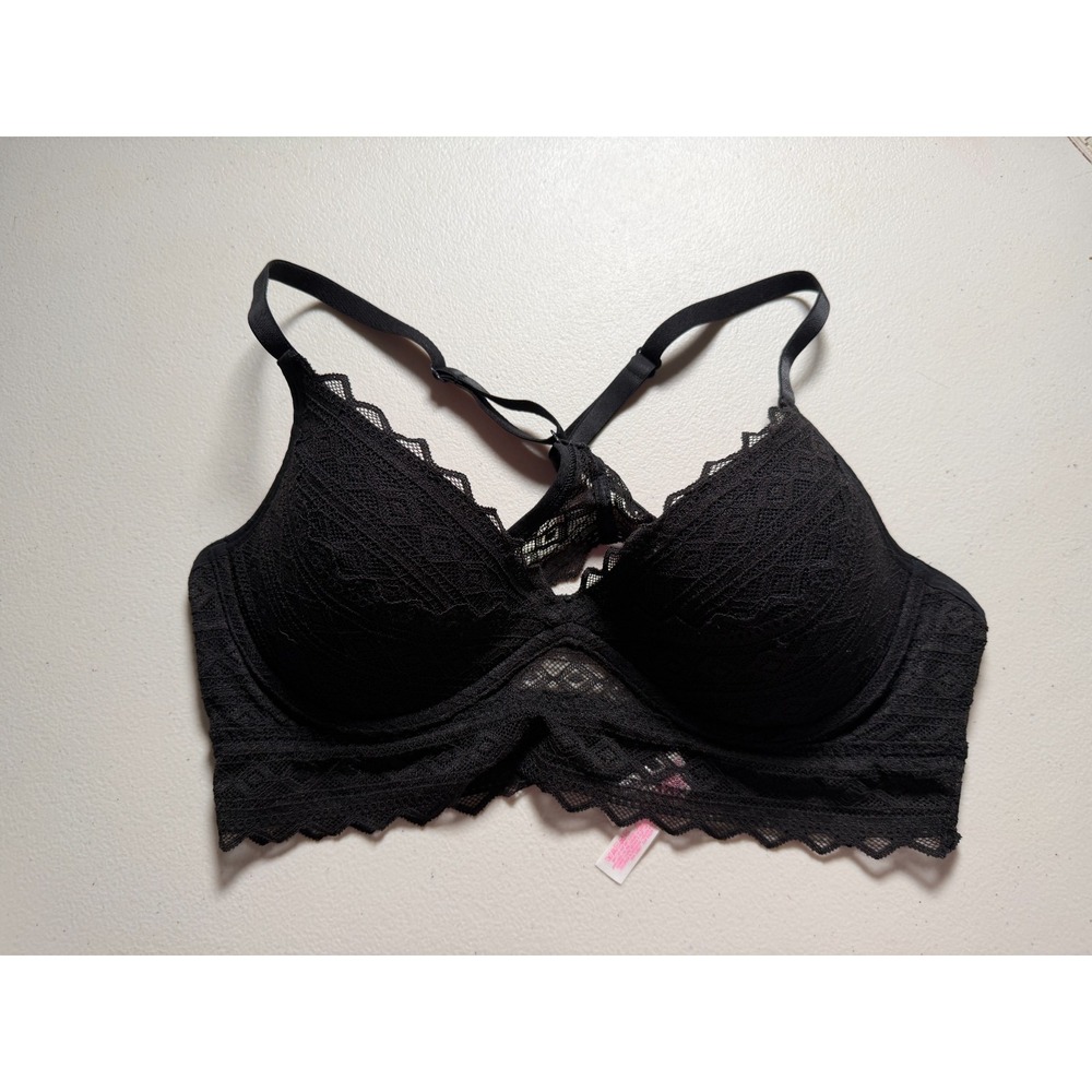 Pink Victoria's Secret Racerback Bra Size M Black Lace Longline Coquette